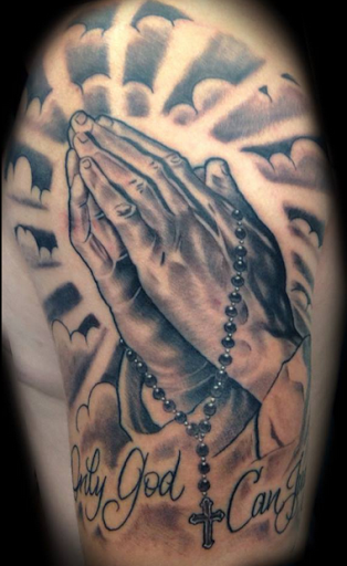 Shoulder tattoos Praying hand with cloud tattoo