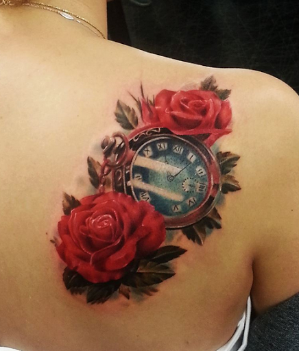 Shoulder tattoos Rose and clock shoulder tattoos