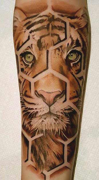 Best Tiger Tattoos For Men And Women Geometrical tiger face tattoo on leg ideas for men