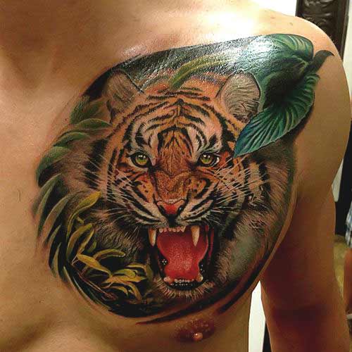 Best Tiger Tattoos For Men And Women 3d realistic tiger face tattoo on chest for men