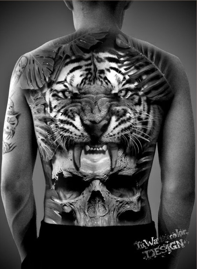 tiger tattoo on full back with skull