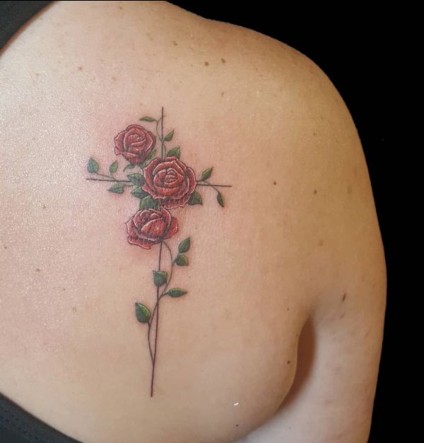 cross tattoos on back with rose