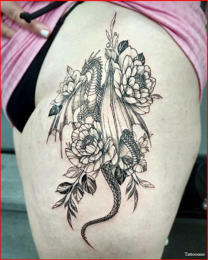 dragon flower tattoo on thigh for girls