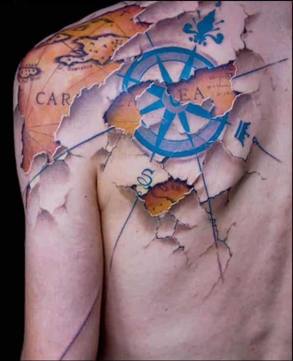 3d map and compass tattoo for shoulder